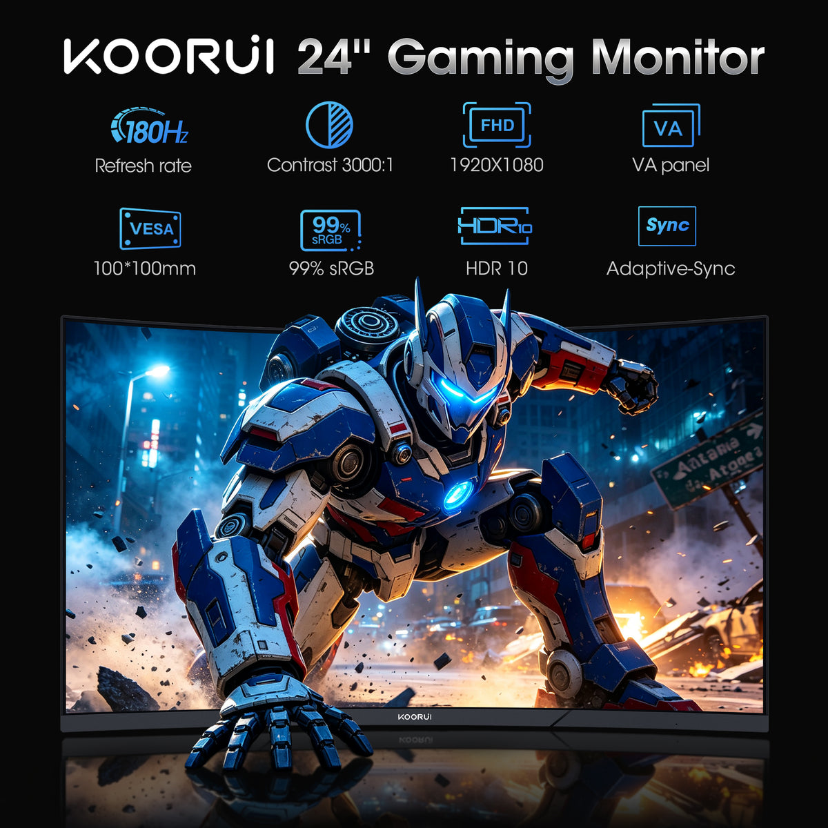 KOORUI 24 inch 1080p Curved Gaming Monitor, 180Hz FHD Computer Monitor, 1ms Adaptive-Sync, 24E6CA