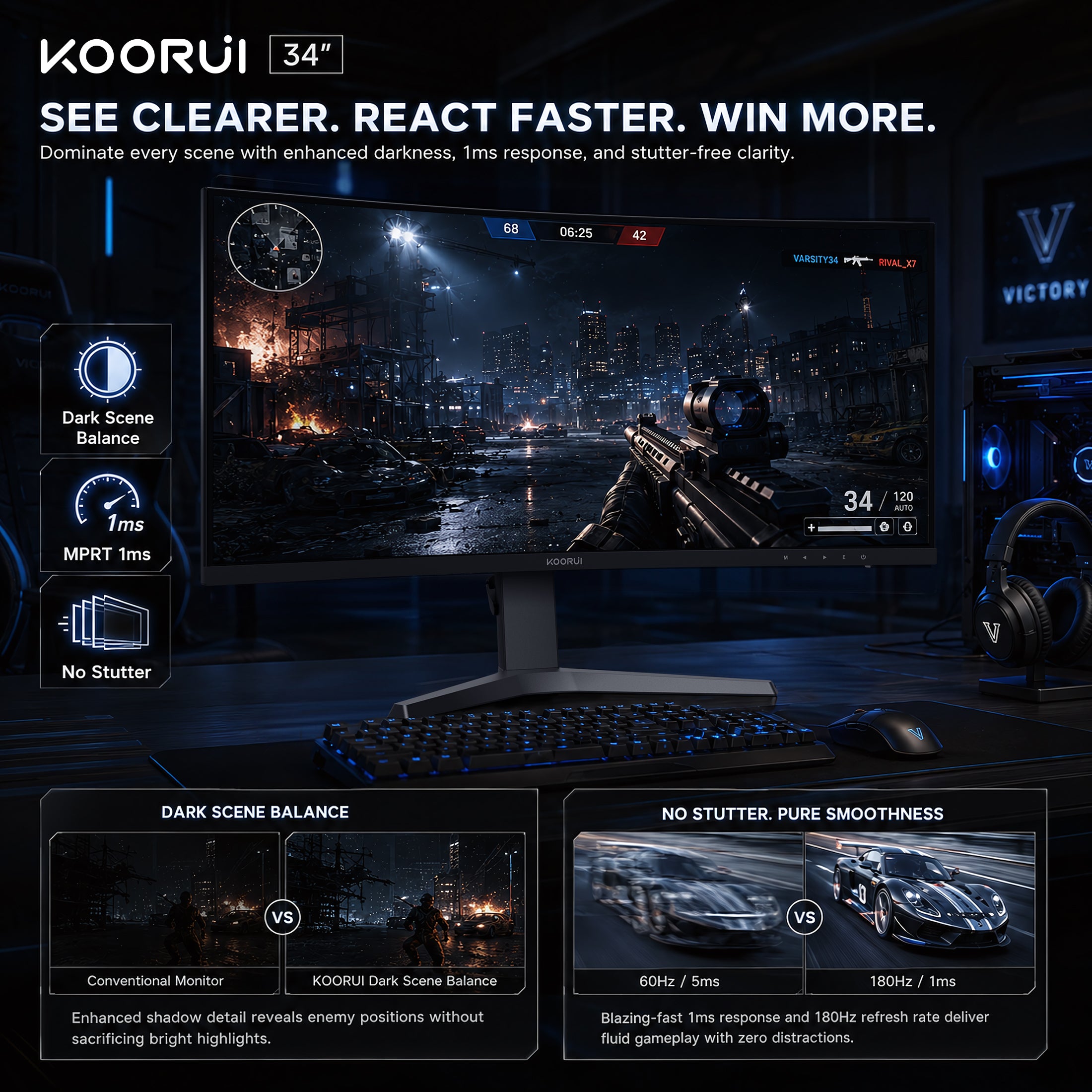 KOORUI 34'' UWQHD Curved Gaming Monitor, 180Hz Ultrawide Monitor, 3440×1440p 1ms(MPRT) HDR400