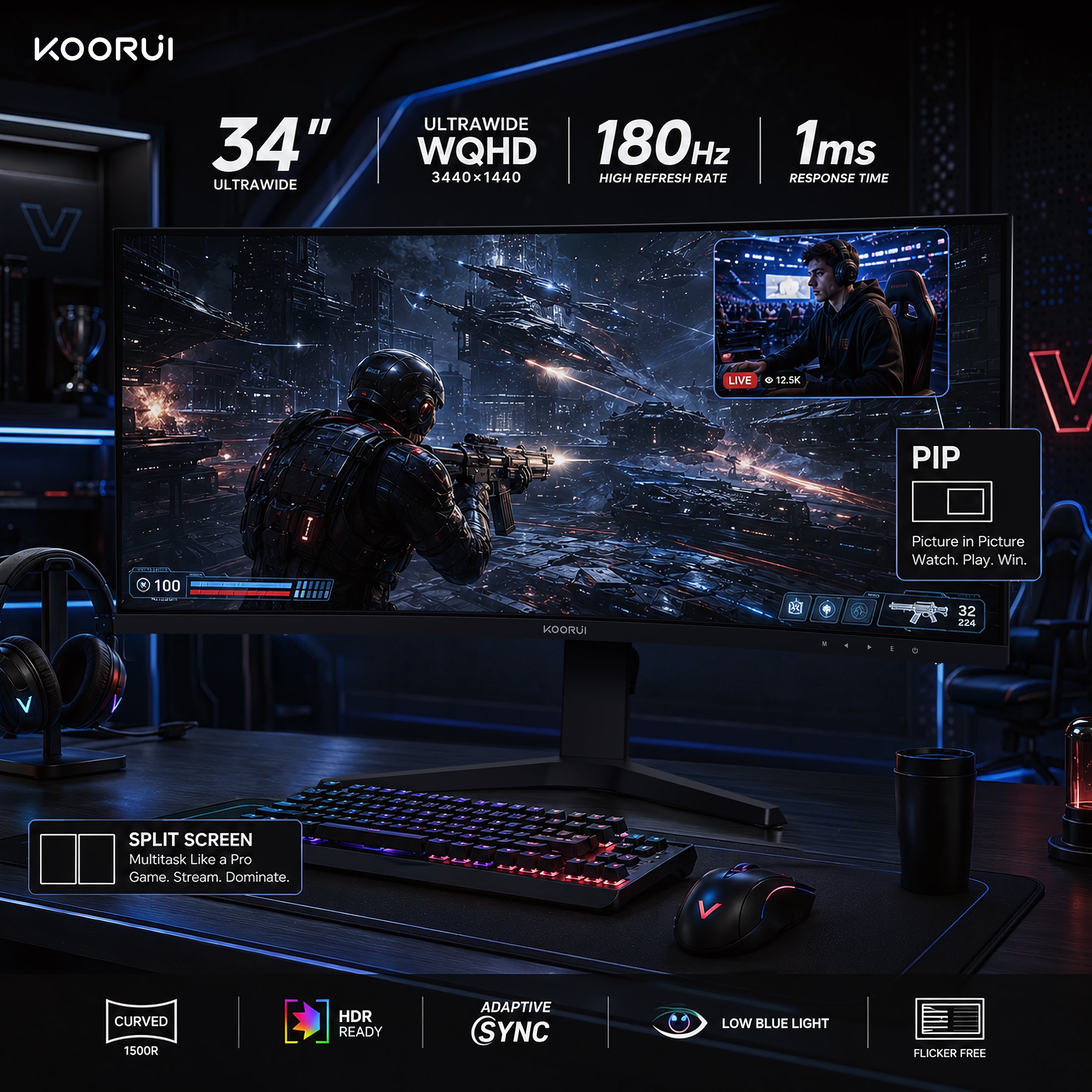 KOORUI 34'' UWQHD Curved Gaming Monitor, 180Hz Ultrawide Monitor, 3440×1440p 1ms(MPRT) HDR400