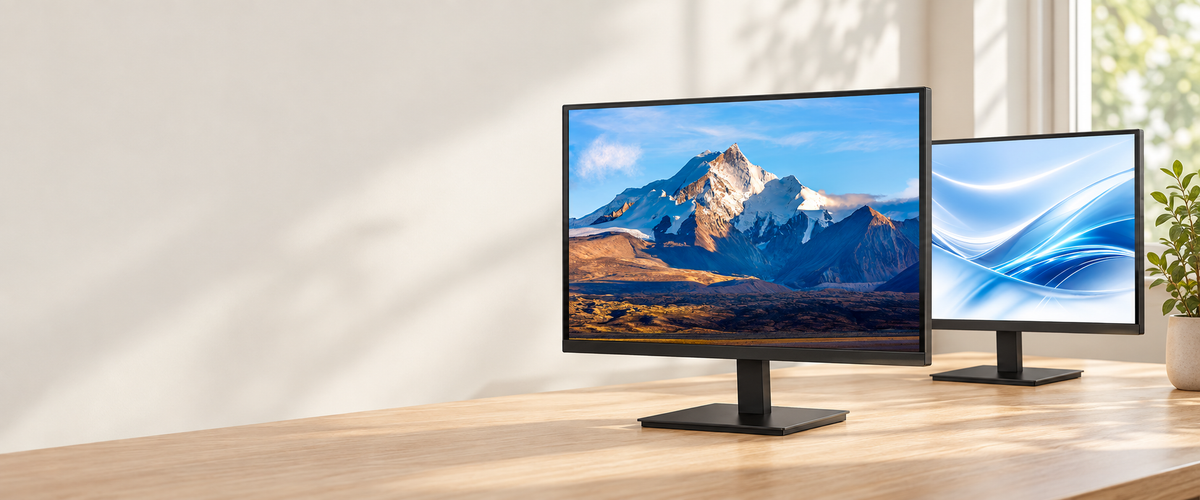 KOORUI E2412F and E2412K monitors in a bright workspace