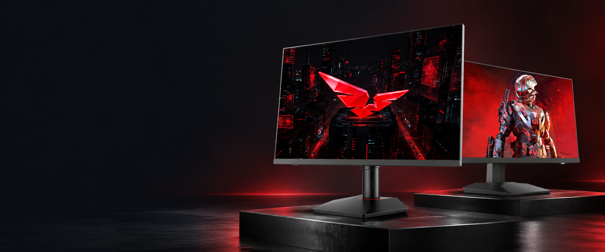KOORUI G2741L and G2721P gaming monitors on a dark studio display