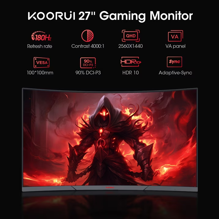 KOORUI 27 inch 1440p Curved Gaming Monitor, 180Hz QHD Computer Monitor, 1ms Adaptive-Sync, HDMI/DisplayPort, 27E6QCA WAL