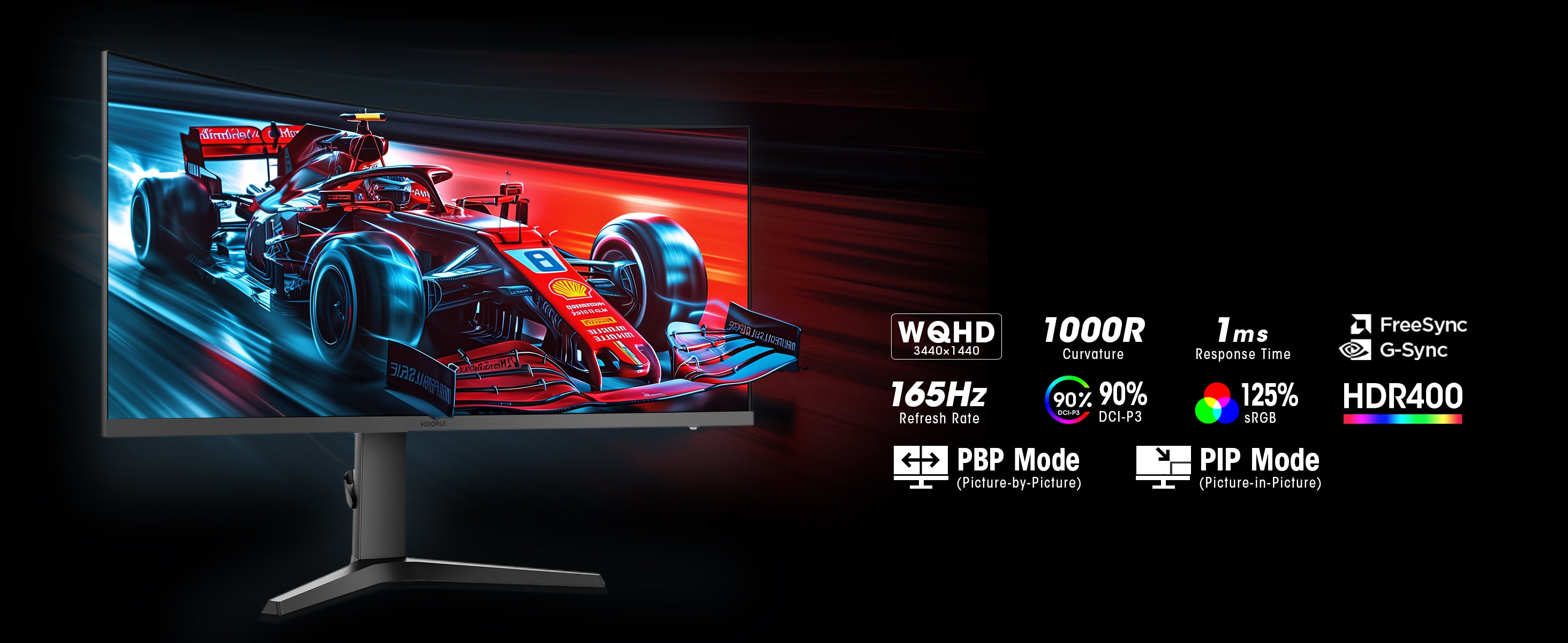 Koorui 34 Inch Ultrawide Curved WQHD 165Hz Gaming Monitor with