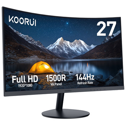 KOORUI 27" 1080p Curved Computer Monitor, 144Hz FHD Gaming Monitor, Power Adapter HDMI&DP Cable