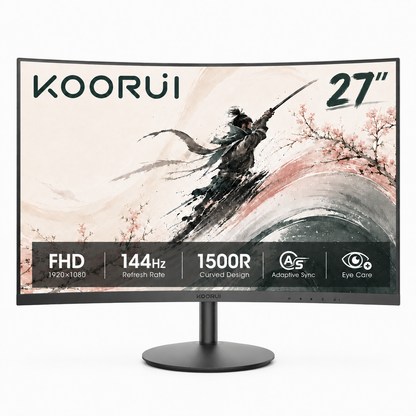KOORUI 27" 1080p Curved Computer Monitor, 144Hz FHD Gaming Monitor, Power Adapter HDMI&DP Cable