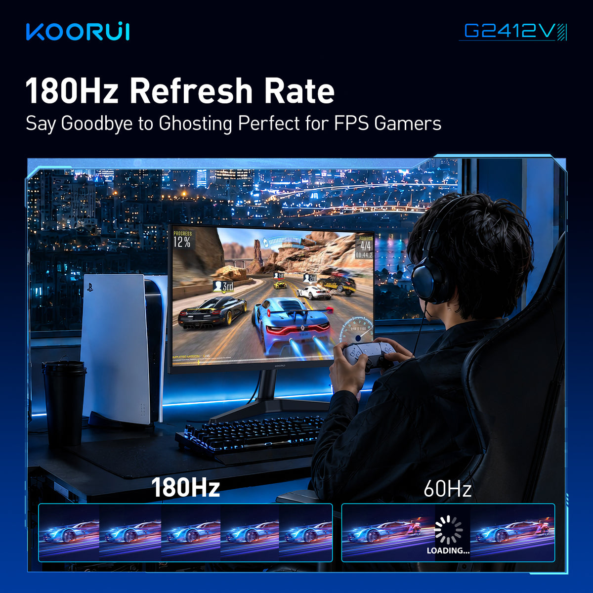 KOORUI 24 Inch Gaming Monitor, 180Hz 1080P VA Display with 3000:1 Contrast G2412V