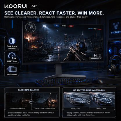 KOORUI 34'' UWQHD Curved Gaming Monitor, 180Hz Ultrawide Monitor, 3440×1440p 1ms(MPRT) HDR400
