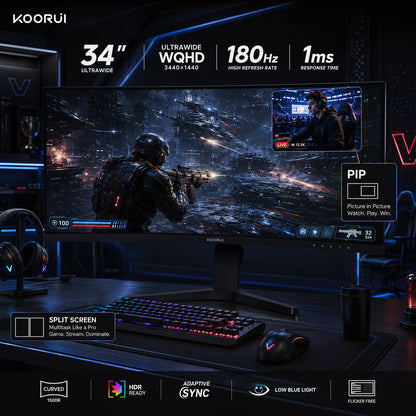 KOORUI 34'' UWQHD Curved Gaming Monitor, 180Hz Ultrawide Monitor, 3440×1440p 1ms(MPRT) HDR400
