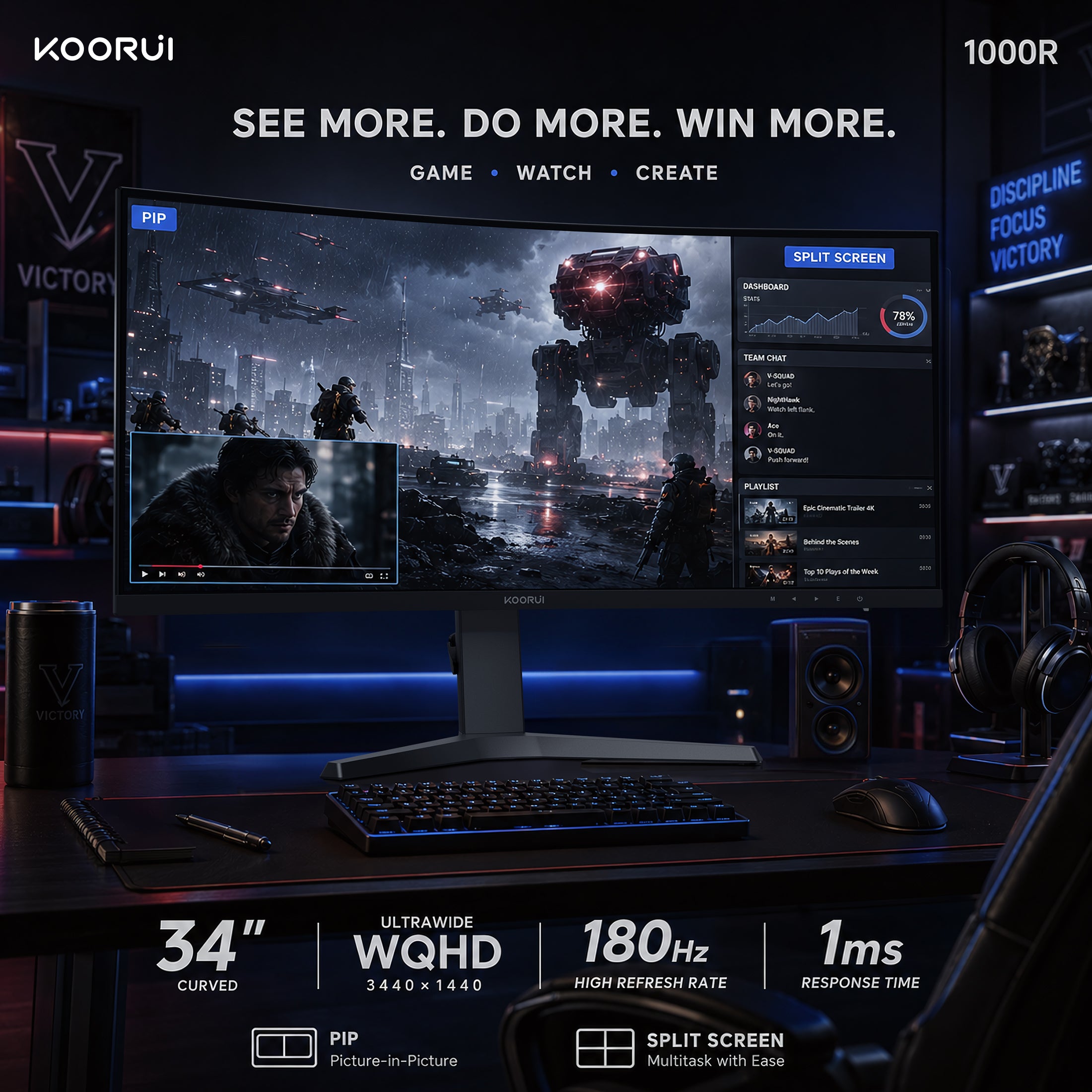 KOORUI 34'' UWQHD Curved Gaming Monitor, 180Hz Ultrawide Monitor, 3440×1440p 1ms(MPRT) HDR400