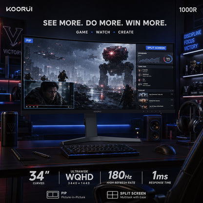 KOORUI 34'' UWQHD Curved Gaming Monitor, 180Hz Ultrawide Monitor, 3440×1440p 1ms(MPRT) HDR400
