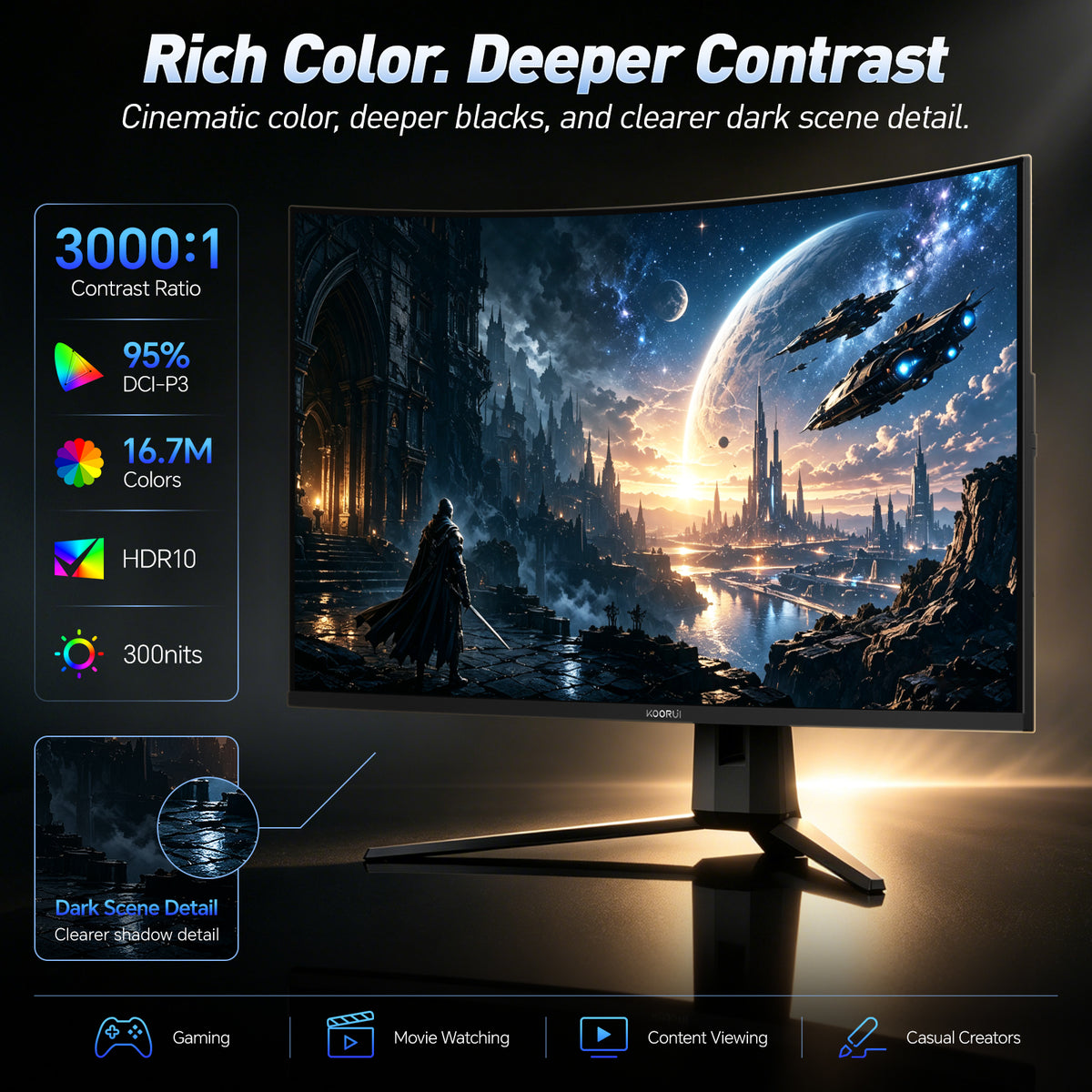KOORUI 32 Inch Curved Gaming Monitor, QHD 2560×1440p 170Hz 1ms 1500R G3221SC