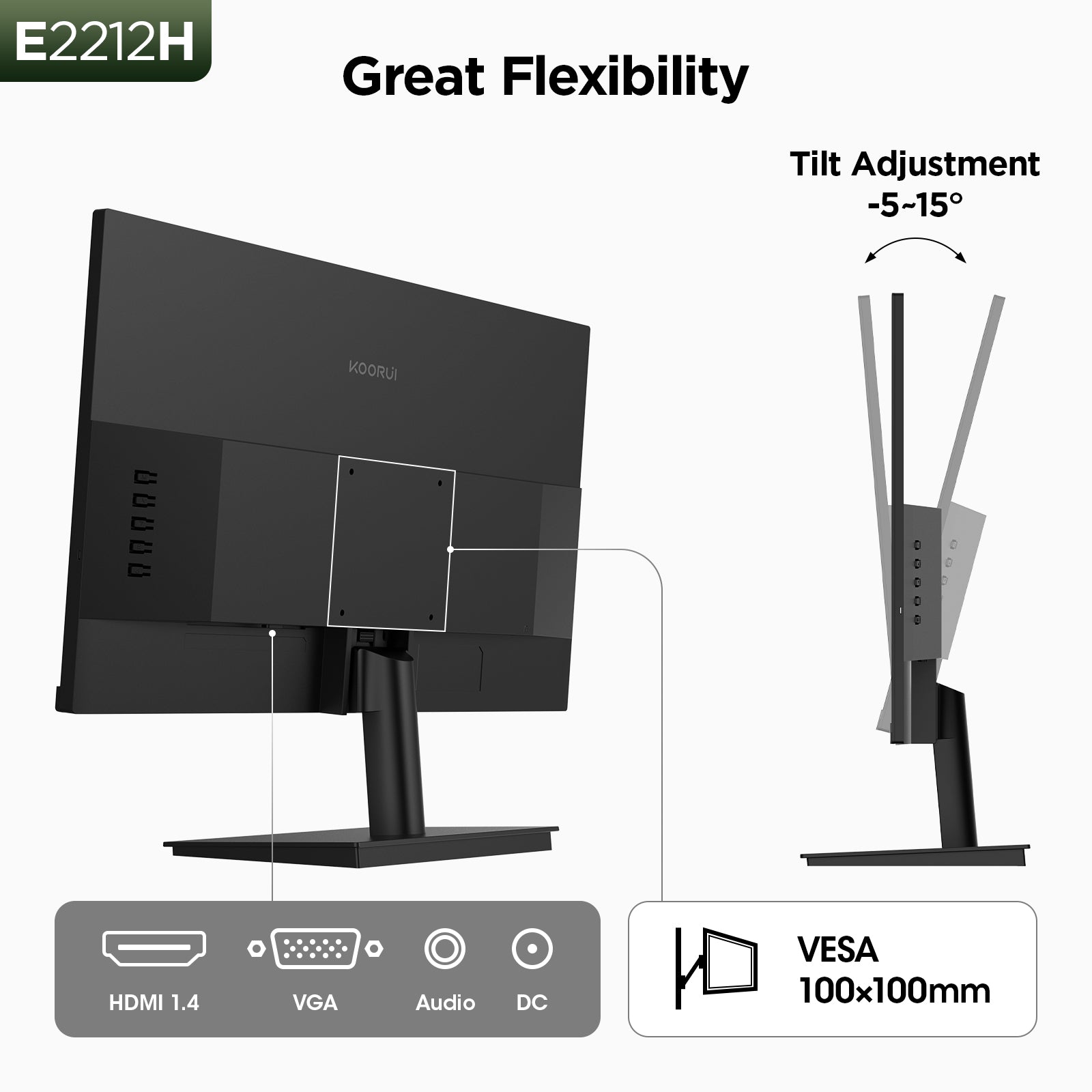 KOORUI 22 Inch Computer Monitor FHD 120Hz VA VESA Low Blue Light, E2212H