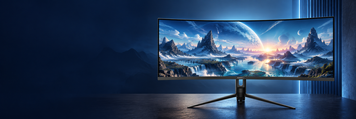 KOORUI G3441XC ultrawide curved monitor in a cool blue studio with a panoramic landscape on screen